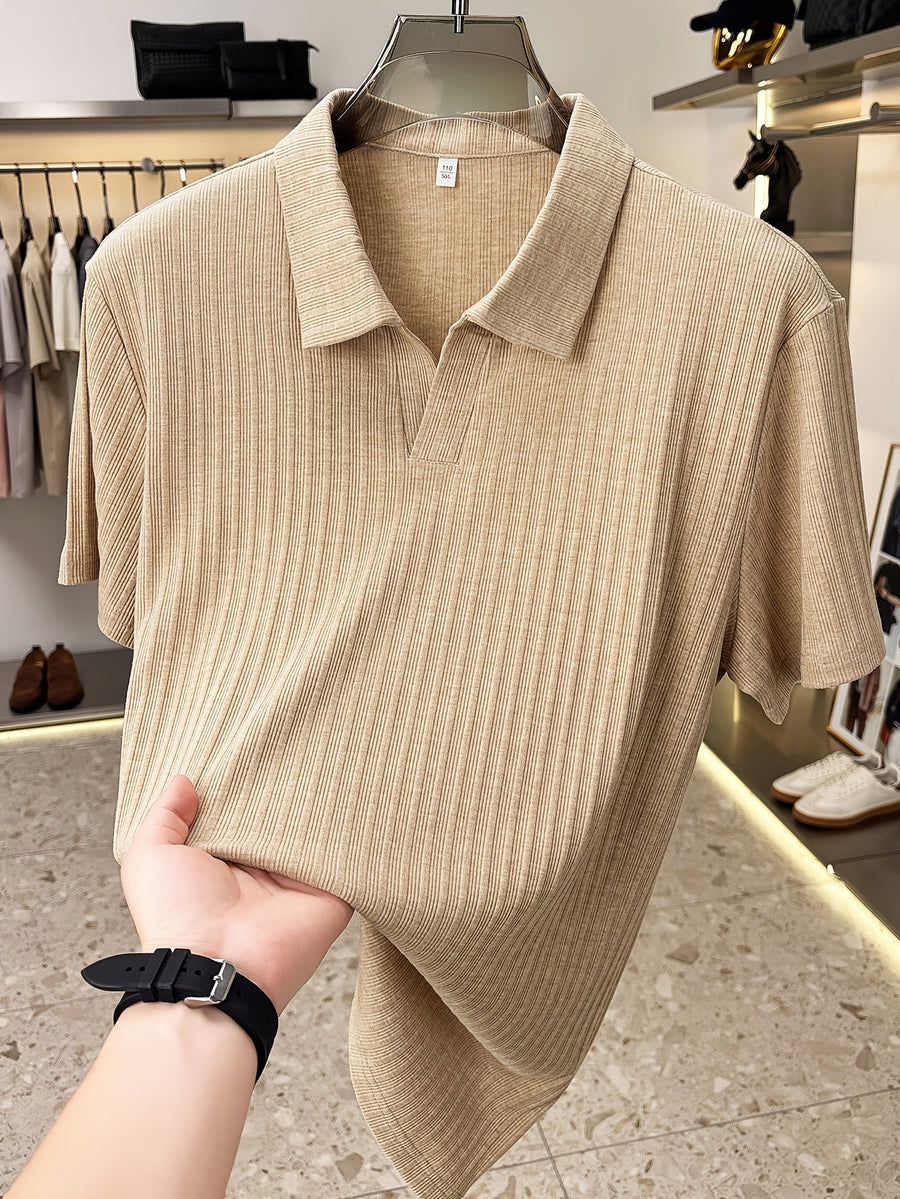 Men'S Vertical Striped V-Neck Knit Shirt, Summer Lapel Men'S Short-Sleeved T-Shirt, Solid Color Striped POLO Shirt, Casual Business Versatile Top, Commuting Men'S Clothing, Temperament Men'S Top - Khaki