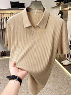 Men'S Vertical Striped V-Neck Knit Shirt, Summer Lapel Men'S Short-Sleeved T-Shirt, Solid Color Striped POLO Shirt, Casual Business Versatile Top, Commuting Men'S Clothing, Temperament Men'S Top - Khaki