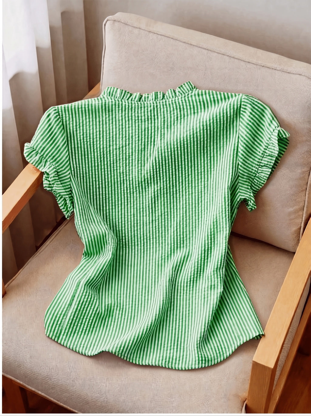 Women's Ruffle Collar Short Sleeve Single-Breasted Striped Shirt, Summer - Emerald Green