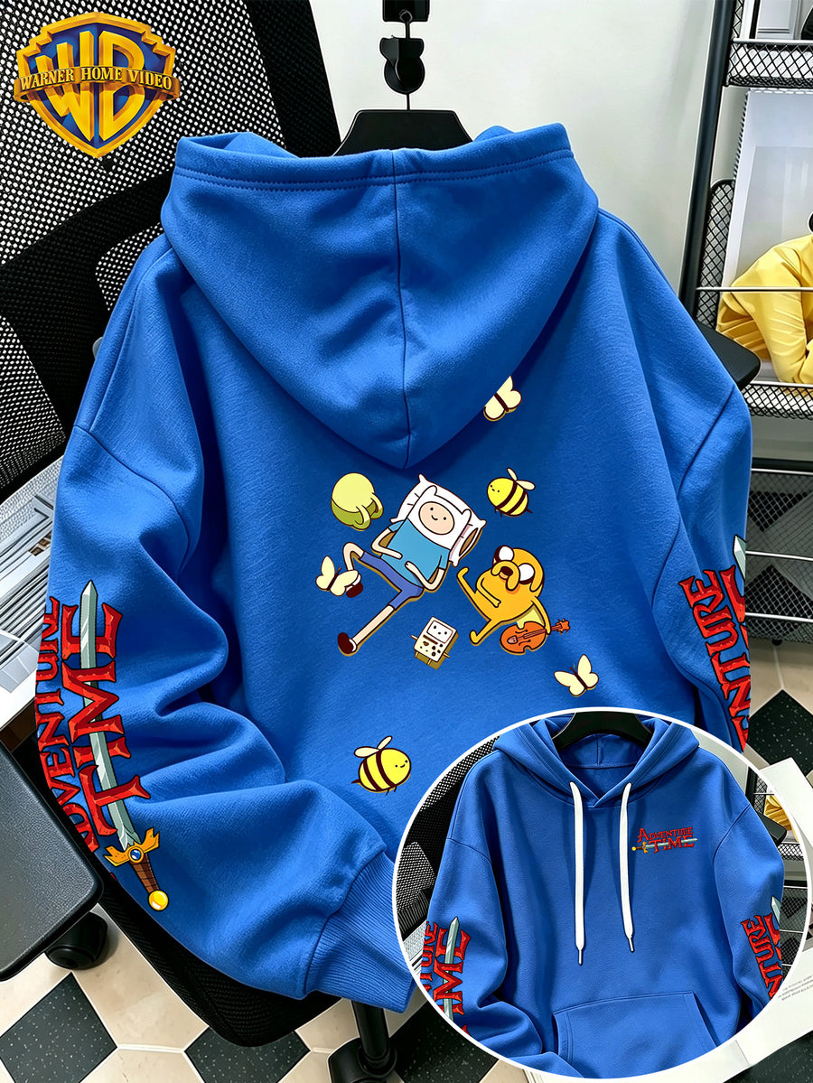 Warner Bros Official Adventure Time Finn & Jake Lying Casual Cartoon Print Hooded Sweatshirt - Men's Versatile Casual Sweatshirt, Comfortable Autumn/Winter Wear, Ideal for Sports, Outdoors, Outings, Travel, and Daily/Commute/Home Use, the Perfect - Blue