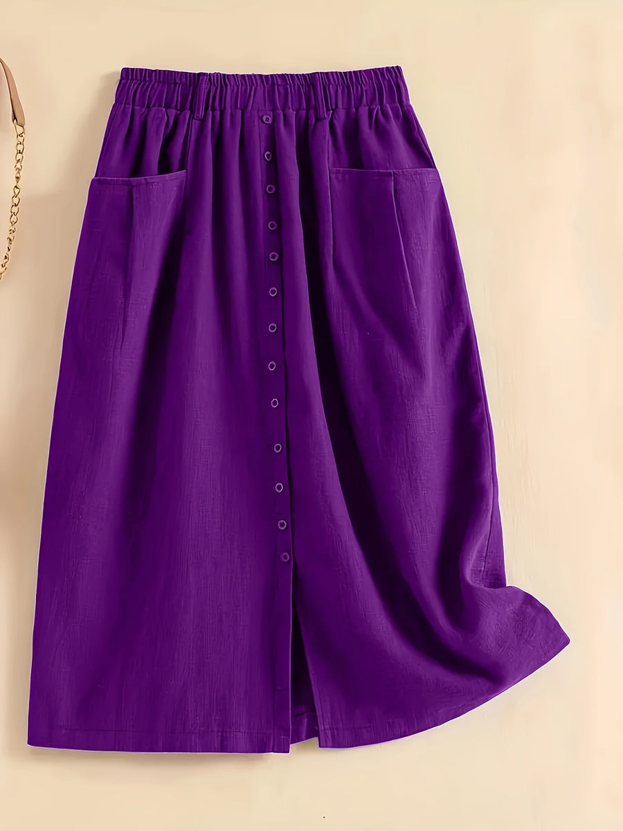Spring/Summer/Autumn Lightweight Korean-Style Vintage Linen Loose Skirt with Elastic Waistband and Pockets, Mid-Length Women's Skirt - Purple