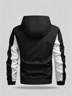 Men's Color Block Patchwork Hooded Sport Jacket with Adjustable Drawstring Hood and Zipper, Versatile Casual Jacket for Campus, Commuting, Hiking, Jogging, and Daily Wear - 25016 - Black