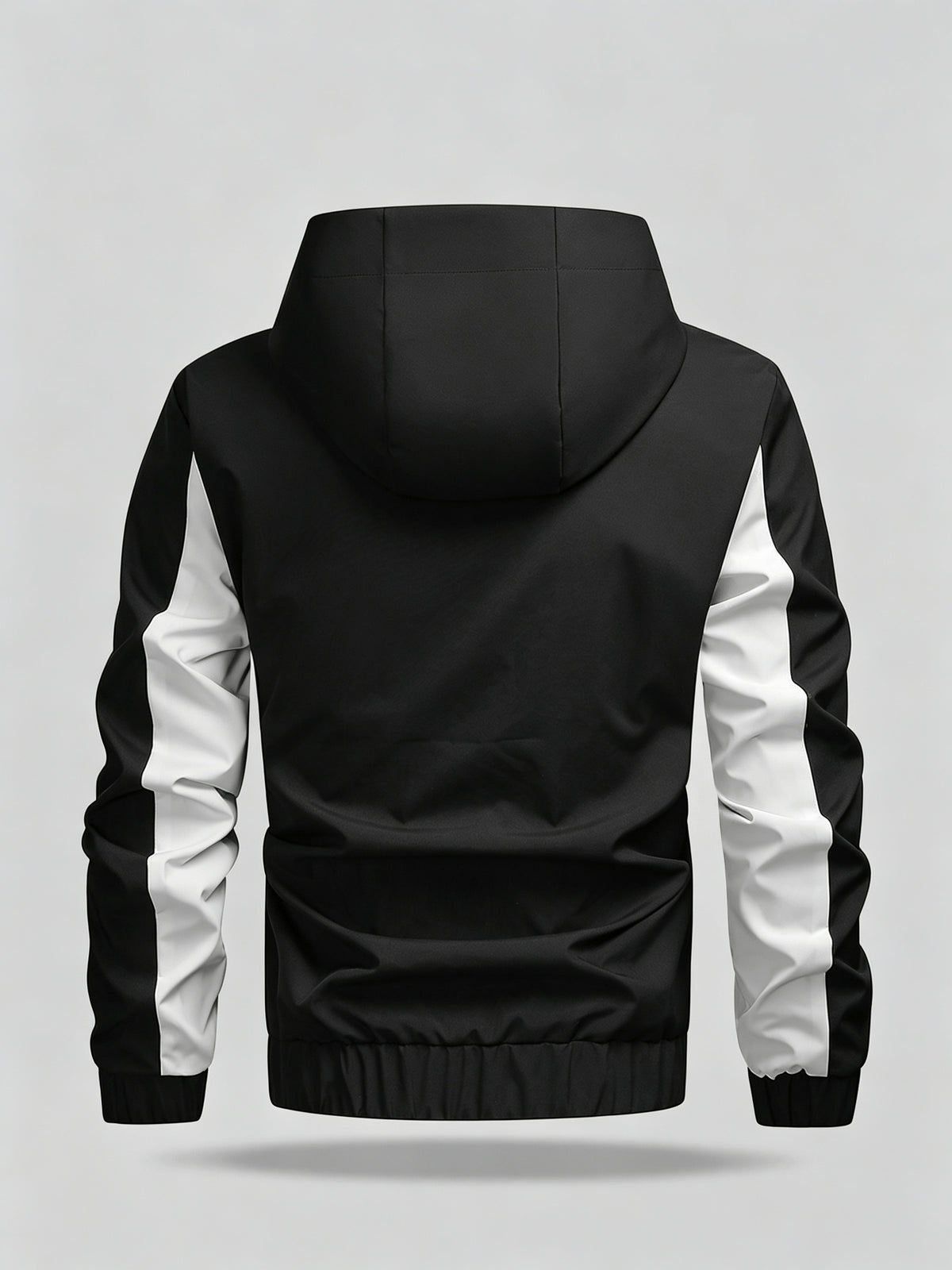 Men's Color Block Patchwork Hooded Sport Jacket with Adjustable Drawstring Hood and Zipper, Versatile Casual Jacket for Campus, Commuting, Hiking, Jogging, and Daily Wear - 25016 - Black