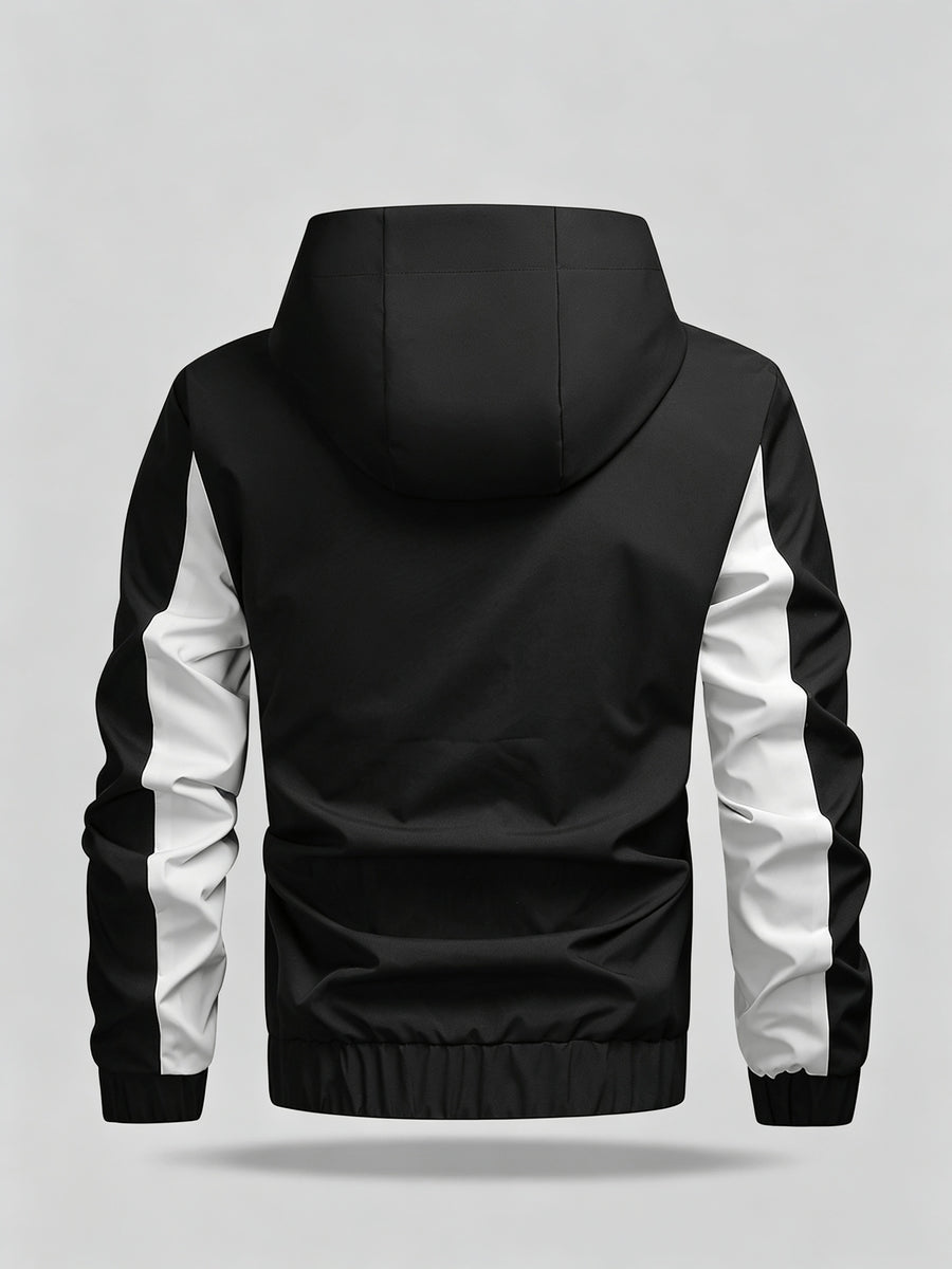 Men's Color Block Patchwork Hooded Sport Jacket with Adjustable Drawstring Hood and Zipper, Versatile Casual Jacket for Campus, Commuting, Hiking, Jogging, and Daily Wear - 25016 - Black