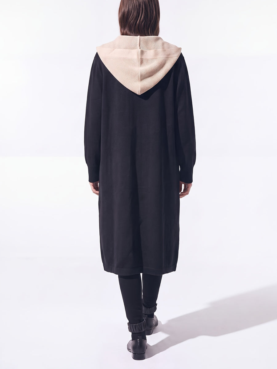 Black Color-Block Hooded Long Cardigan, Single Button Long Sleeve with Pocket Coat Jacket - Black