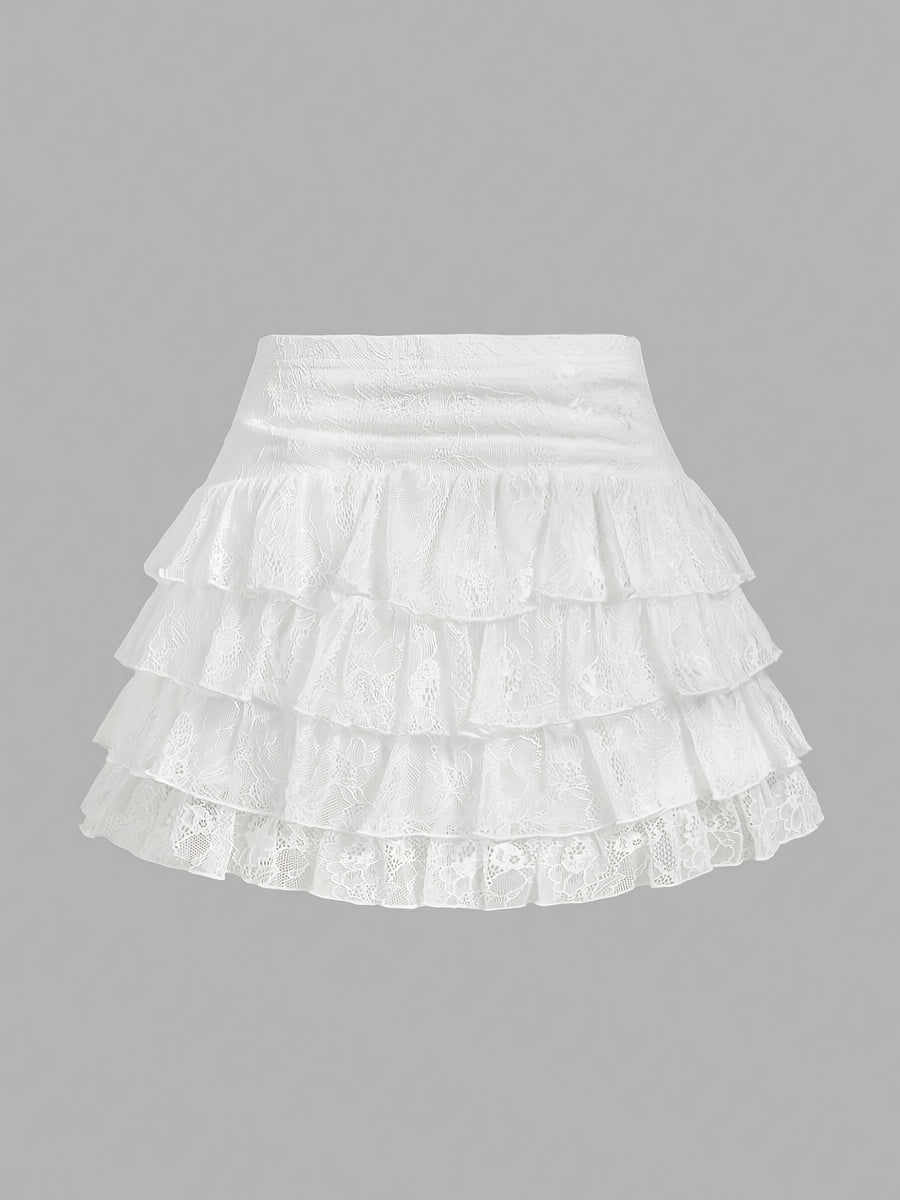 Ladies' Elegant and Fashionable Lace Solid Color Multi-layered Cake Skirt - White