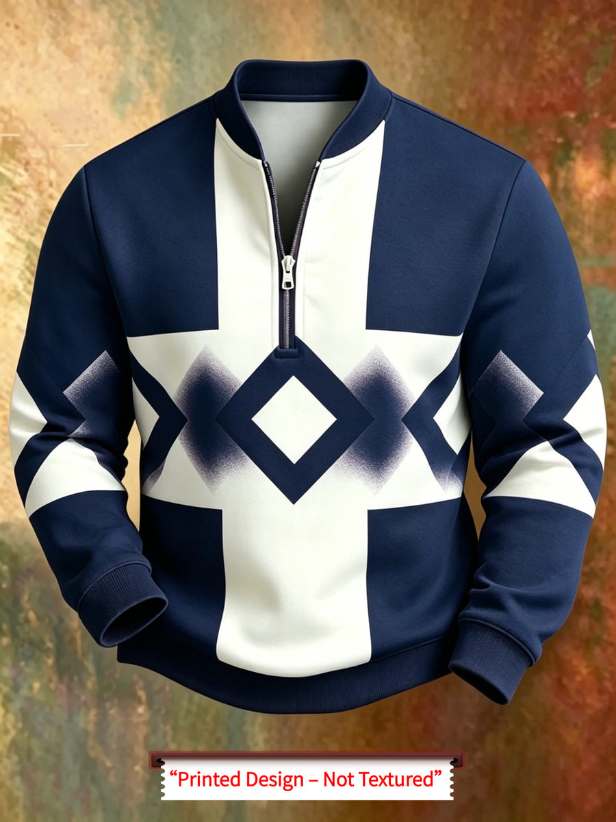 Men'S Autumn Winter Polo Zipper Sweatshirt, Men'S Trendy New Half-Zip POLO Sweatshirt, American Retro Geometric Color-Block Print, High Quality And Durable, Machine Washable, Essential for Daily Casual Gatherings And Outdoors - Mixed Color 2