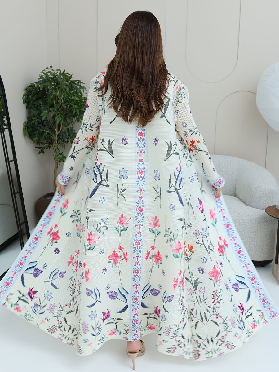 Women Modest Floral Print Pleated Abaya Open Front Long Cardigan Dubai Arab Turkish Kimono Duster Coat Vintage Geometric Border Cover Up Beach Robe Outerwear - White