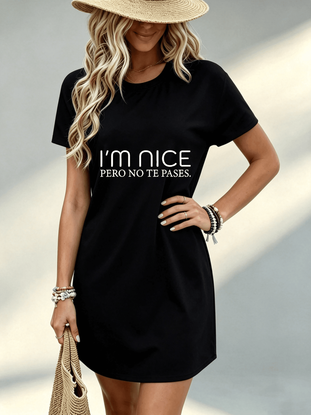Printed Design Not Textured, Casual Style, Women Dress, I Am Nice But Do Not Cross The Line Text Theme, Daily Wear, Gift for Friend, 100 Percent - Black