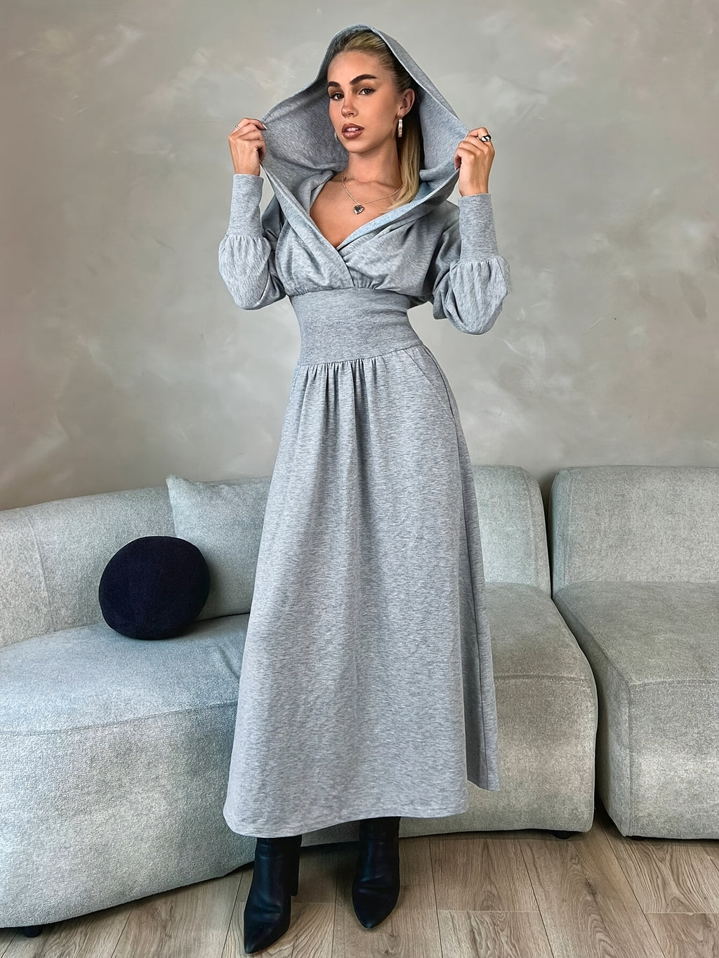 Plus Size Fashion Women's Dress, Cinched Waist Long Sleeve Hooded Collar Casual Sporty Sweatshirt Dress, Outdoor Streetwear Versatile Relaxed Hooded Dress, Simple Daily Solid Color Dress, Fashionable Women's Clothing - Grey