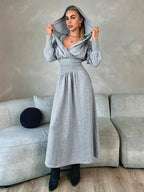 Plus Size Fashion Women's Dress, Cinched Waist Long Sleeve Hooded Collar Casual Sporty Sweatshirt Dress, Outdoor Streetwear Versatile Relaxed Hooded Dress, Simple Daily Solid Color Dress, Fashionable Women's Clothing - Grey