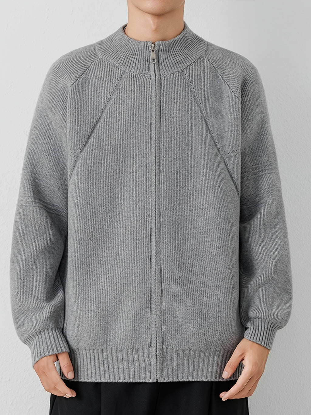 [Wading Whale OBM] 1pc Autumn Winter New Men'S Knit Cardigan, Old Money Style Textured Solid Color Round Neck Zipper Front Long Sleeve Sweater Vest Top, Men'S Casual Fashion, Suitable for Autumn And Winter Wear, Fits Daily Commute, Office Casual - Grey