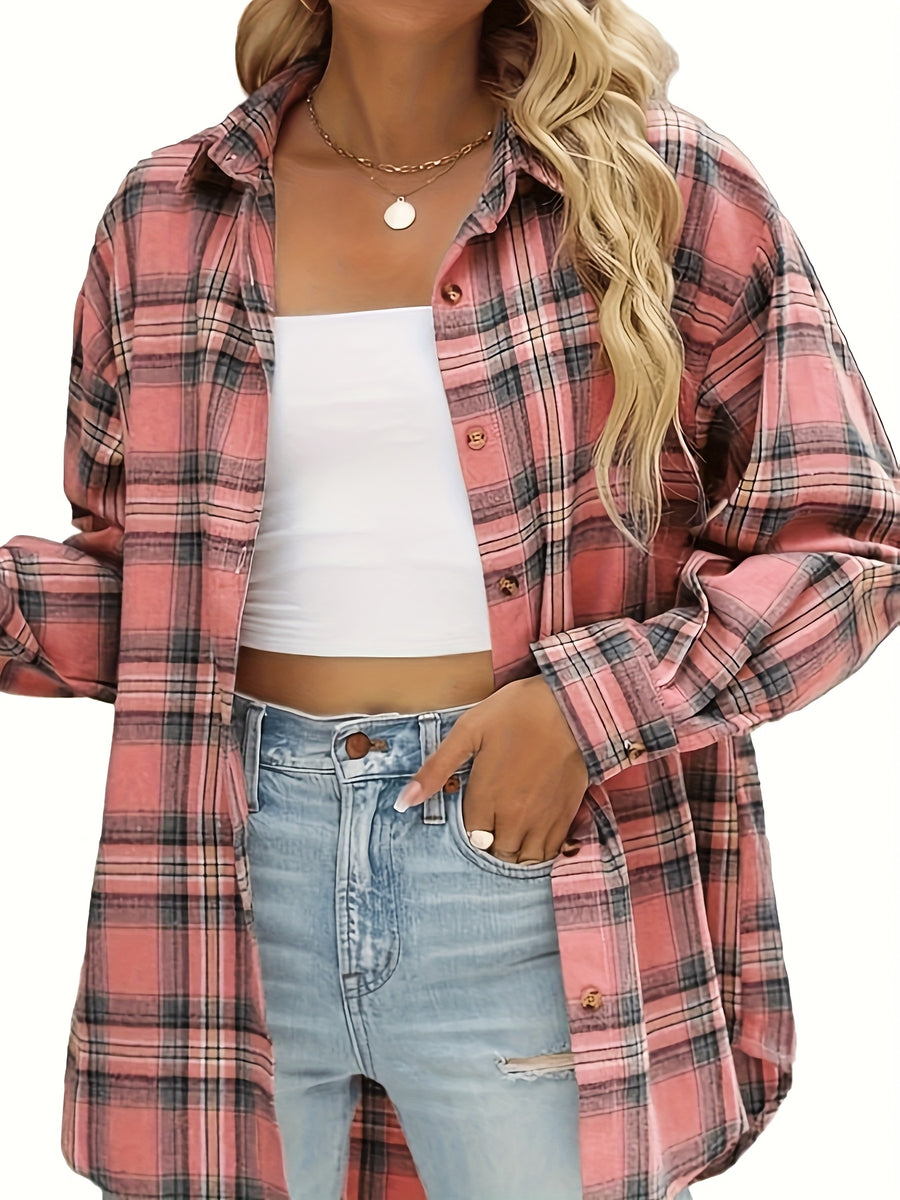Elegant Women'S Casual Plaid Flannel Shirt, Loose Fit, Suitable for All Seasons, Long-Sleeve Top, Perfect for Outings, Women'S Clothing - Dark Pink