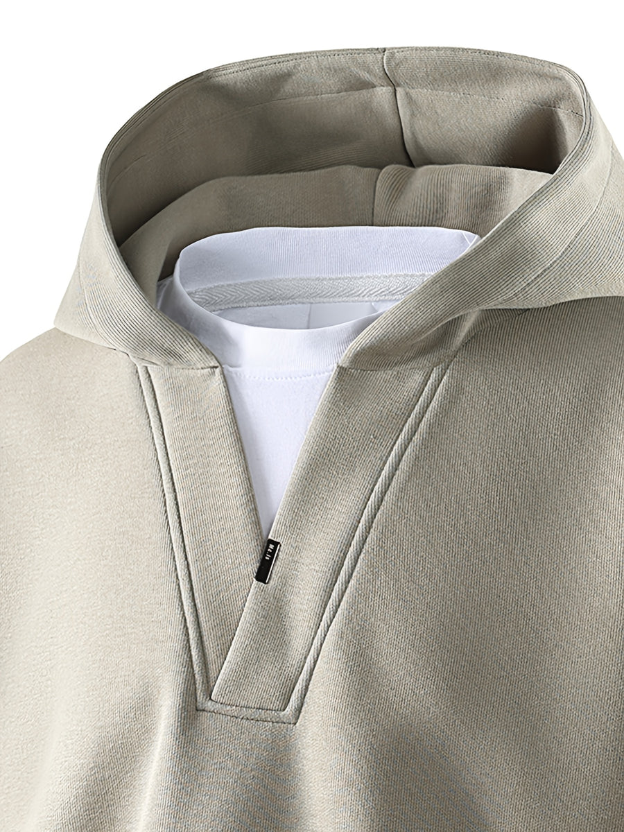 New Autumn 2-in-1 Look V-Neck Hooded Men's Sweatshirt, High-Quality Comfortable Hoodie, Heavyweight Trendy Men's Top - Gray Green