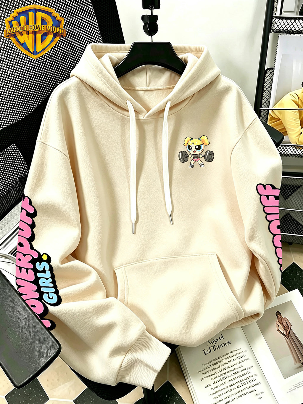 Warner Bros Official Dumbbell Bubble Cartoon Print Hoodie - Men's Fashion Hoodie with Adjustable Drawstring, Loose and Comfortable Sweatshirt, Suitable for Daily and Outdoor Sports Wear, the Perfect Choice for Warmth in Autumn and Winter! Sizes - Apricot