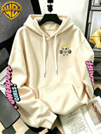 Warner Bros Official Dumbbell Bubble Cartoon Print Hoodie - Men's Fashion Hoodie with Adjustable Drawstring, Loose and Comfortable Sweatshirt, Suitable for Daily and Outdoor Sports Wear, the Perfect Choice for Warmth in Autumn and Winter! Sizes - Apricot