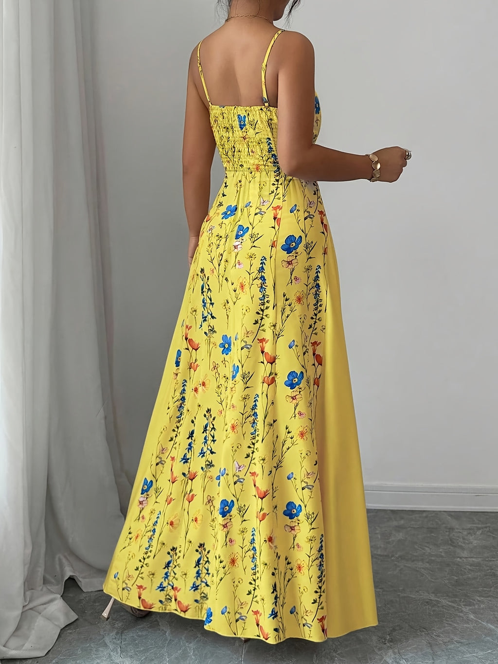 Spring And Summer New Elegant Resort European And American Fashion Trend Casual Women'S Clothing Floral Print Sleeveless Square Neck Suspender Dress - Yellow