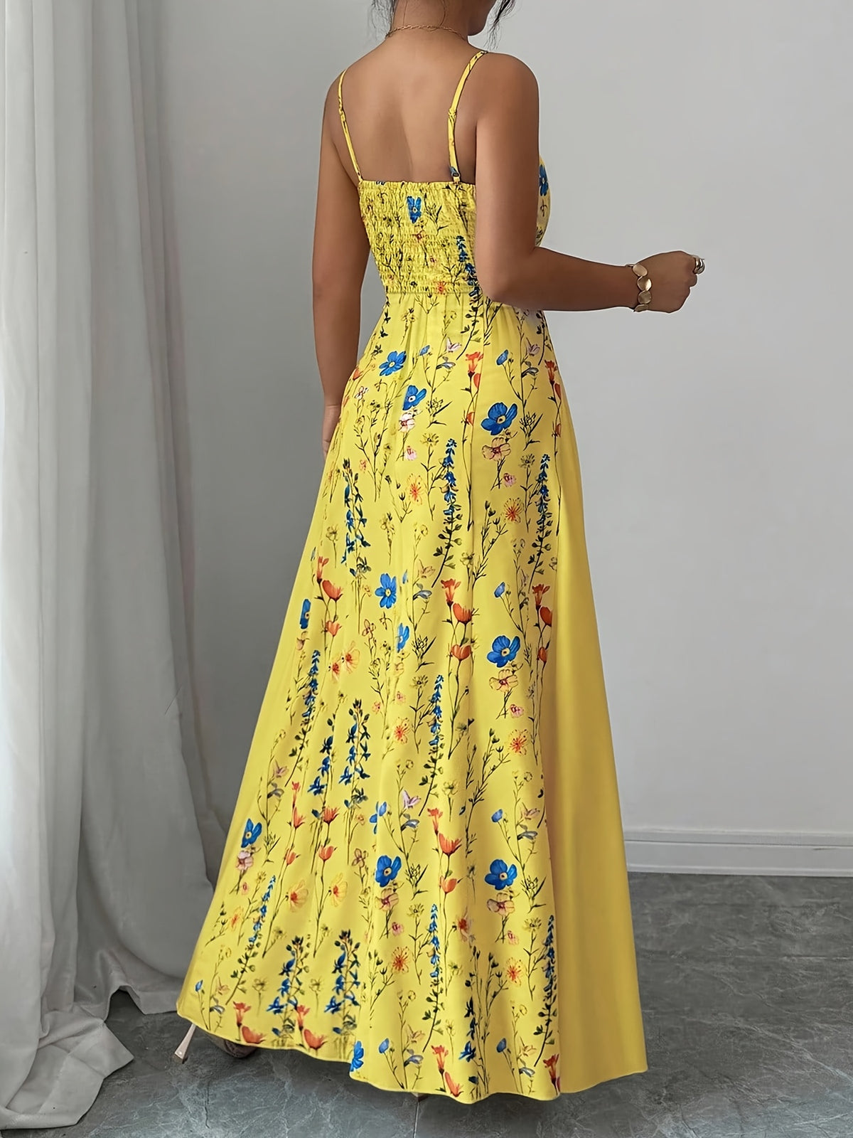 Spring And Summer New Elegant Resort European And American Fashion Trend Casual Women'S Clothing Floral Print Sleeveless Square Neck Suspender Dress - Yellow