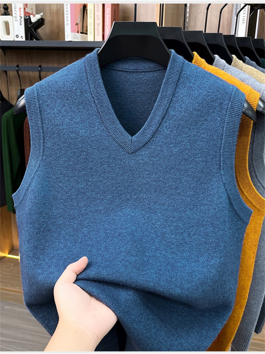 Autumn/Winter Knitted Solid Color V-Neck Sweater, Basic Knit Pullover, Men's Fashion Knit Vest ZYR - Blue