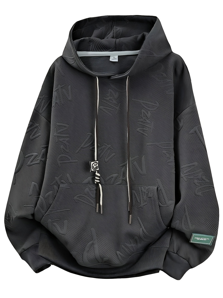 Men'S Jacquard 3D Letter Hooded Sweatshirt Solid Texture Oversized Drop Shoulder Pullover Casual Street Style Drawstring Kangaroo Pocket Daily Top - Dark Gray