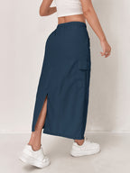 Outdoor Quick-Dry Cargo Skirt Button Design High-Waist Casual Women'S Half Skirt Multi-Pocket Machine Washable Mid-Length Dress - Navy Color