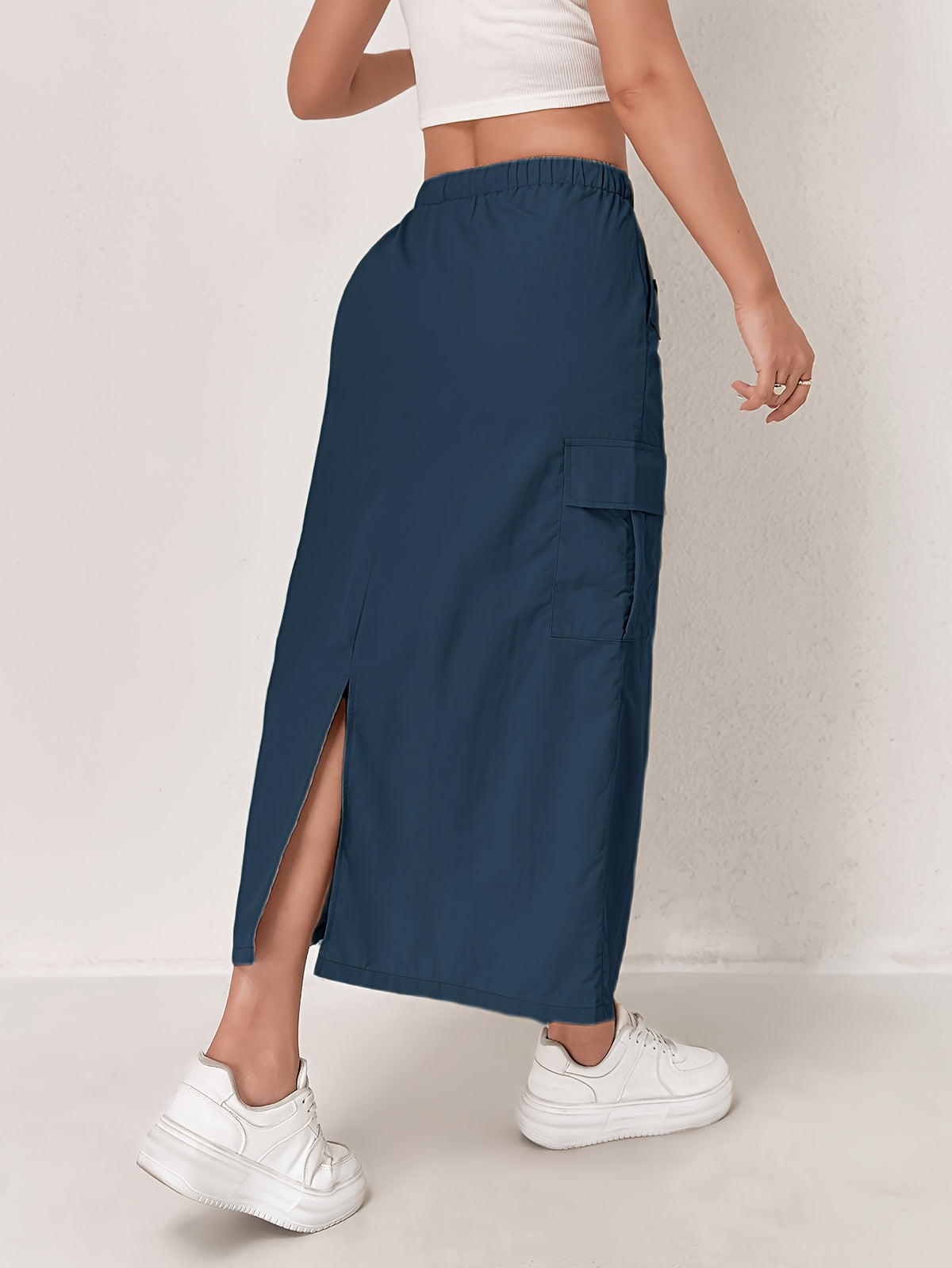 Outdoor Quick-Dry Cargo Skirt Button Design High-Waist Casual Women'S Half Skirt Multi-Pocket Machine Washable Mid-Length Dress - Navy Color