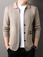 Du Jing Lan OBM Spring/Summer New Arrival Men's Knitted Cardigan, Old Money Style Solid Color Lapel Long Sleeve Open Front Knit Cardigan, Men's Business Casual Fashion Single-Breasted Ribbed Sweater Jacket with Side Pockets, Suitable for Layering - Khaki