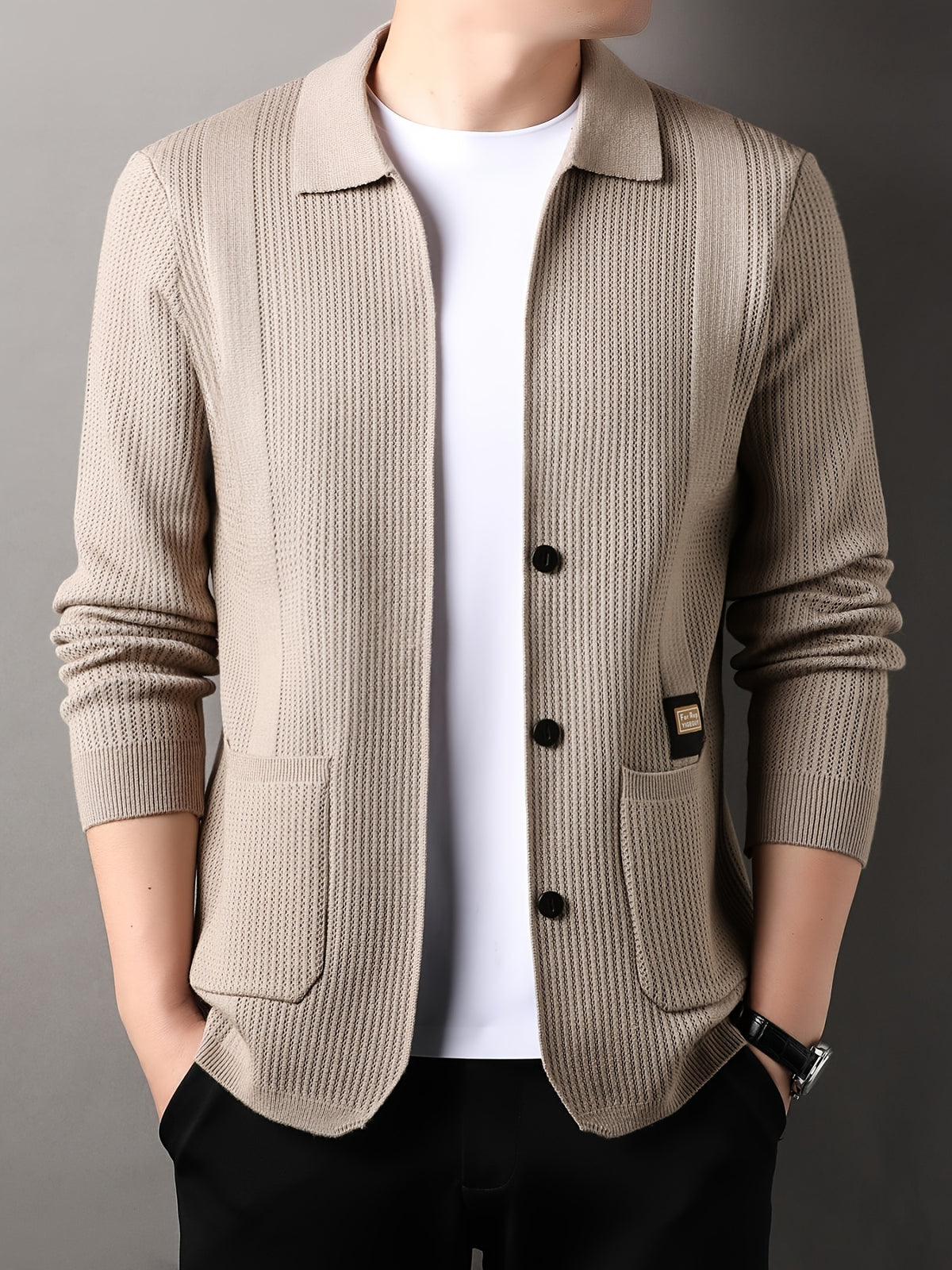 Du Jing Lan OBM Spring/Summer New Arrival Men's Knitted Cardigan, Old Money Style Solid Color Lapel Long Sleeve Open Front Knit Cardigan, Men's Business Casual Fashion Single-Breasted Ribbed Sweater Jacket with Side Pockets, Suitable for Layering - Khaki