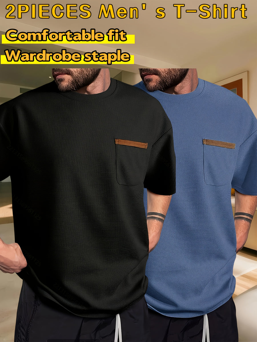 Men's Waffle-Knit Short Sleeve T-Shirt - Breathable Base Layer & Casual Round Neck Pocket Tee, Solid Color Suitable for Gym, Casual Attire, Machine Washable, Spring/Summer Layering Shirt, High-Fit Rate for Lifestyles - Black+Blue