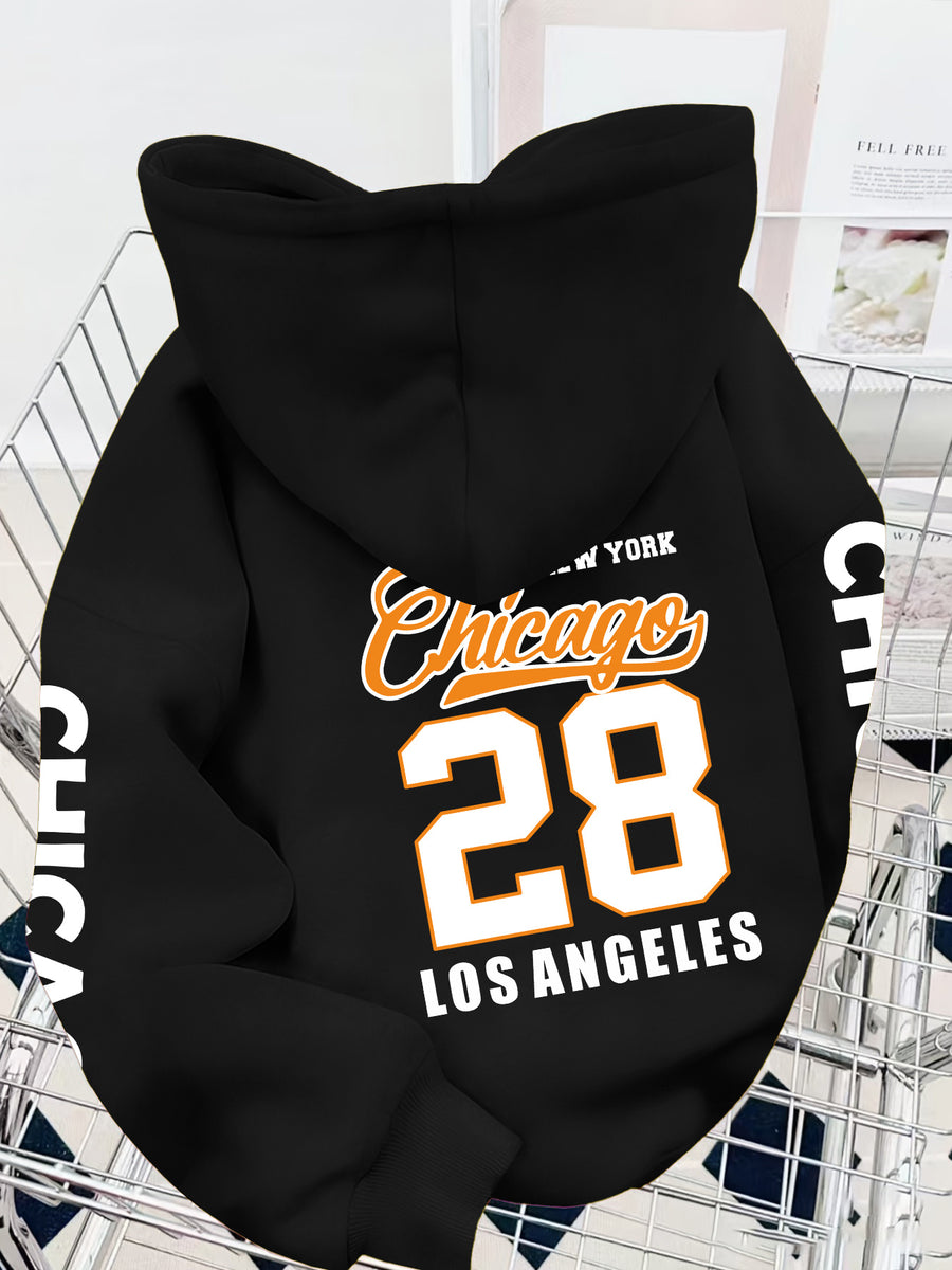 Chicago Back Print + Arm Graphic Design Men's Hooded Sweatshirt for Autumn/Winter, Casual Trendy Street Style Comfortable Fabric - Black