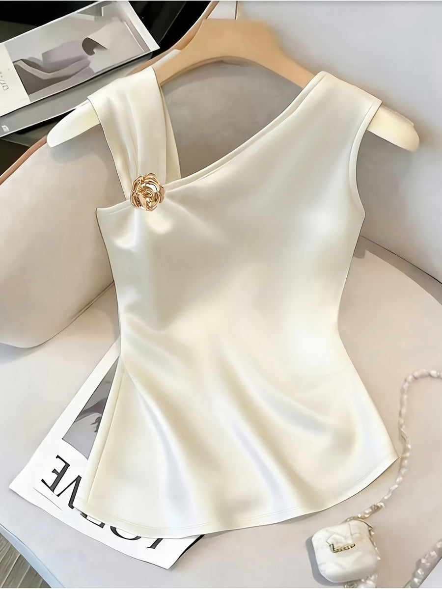 Women'S Elegant Asymmetrical Shoulder Textured Fabric Rose Floral Decoration Button Niche Design Vest Top - Milky