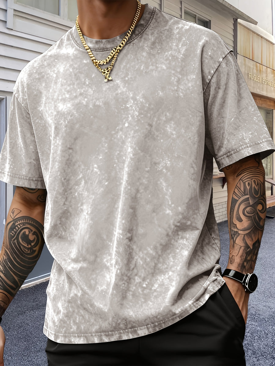 Men'S Heavyweight Short Sleeve Washed Distressed Fashion T-Shirt, Skin-Friendly And Breathable, Vintage Compass Eagle Arrow Geometric Line Print, Western High Street Hip-Hop Street Style, Pure Skin-Friendly Non-Sheer Material - Apricot
