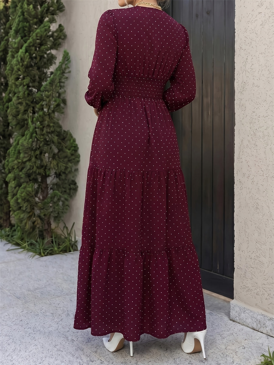 Women'S Vacation Casual Long Sleeve V-Neck Ruched Waist A-Line Polka Dot Dress - Burgundy