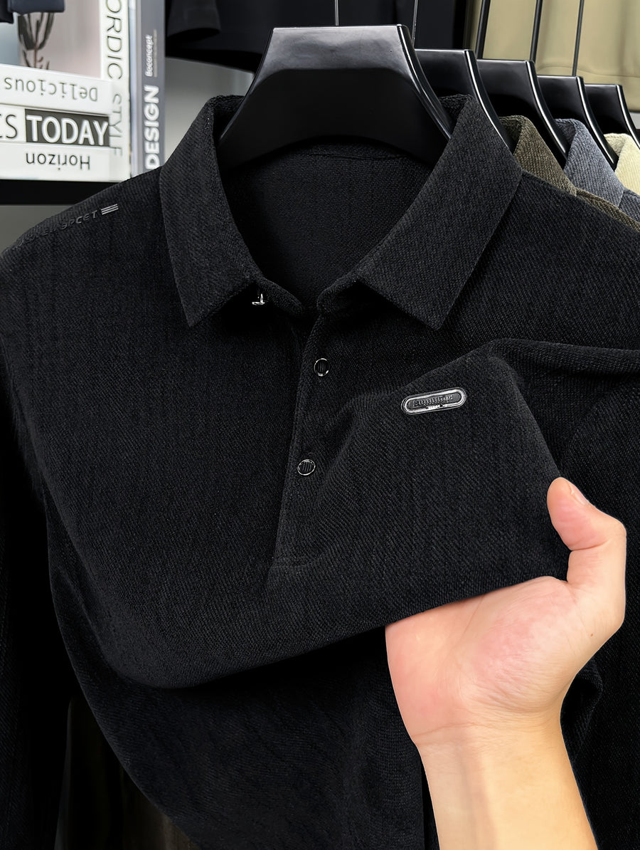 Men's Spring/Autumn Lightweight Knitted Long-Sleeve Polo Shirt with Vertical Stripe Texture, Lapel Collar, Three-Button Placket, Business Casual Versatile Base Layer Top for Middle-Aged Men - Black