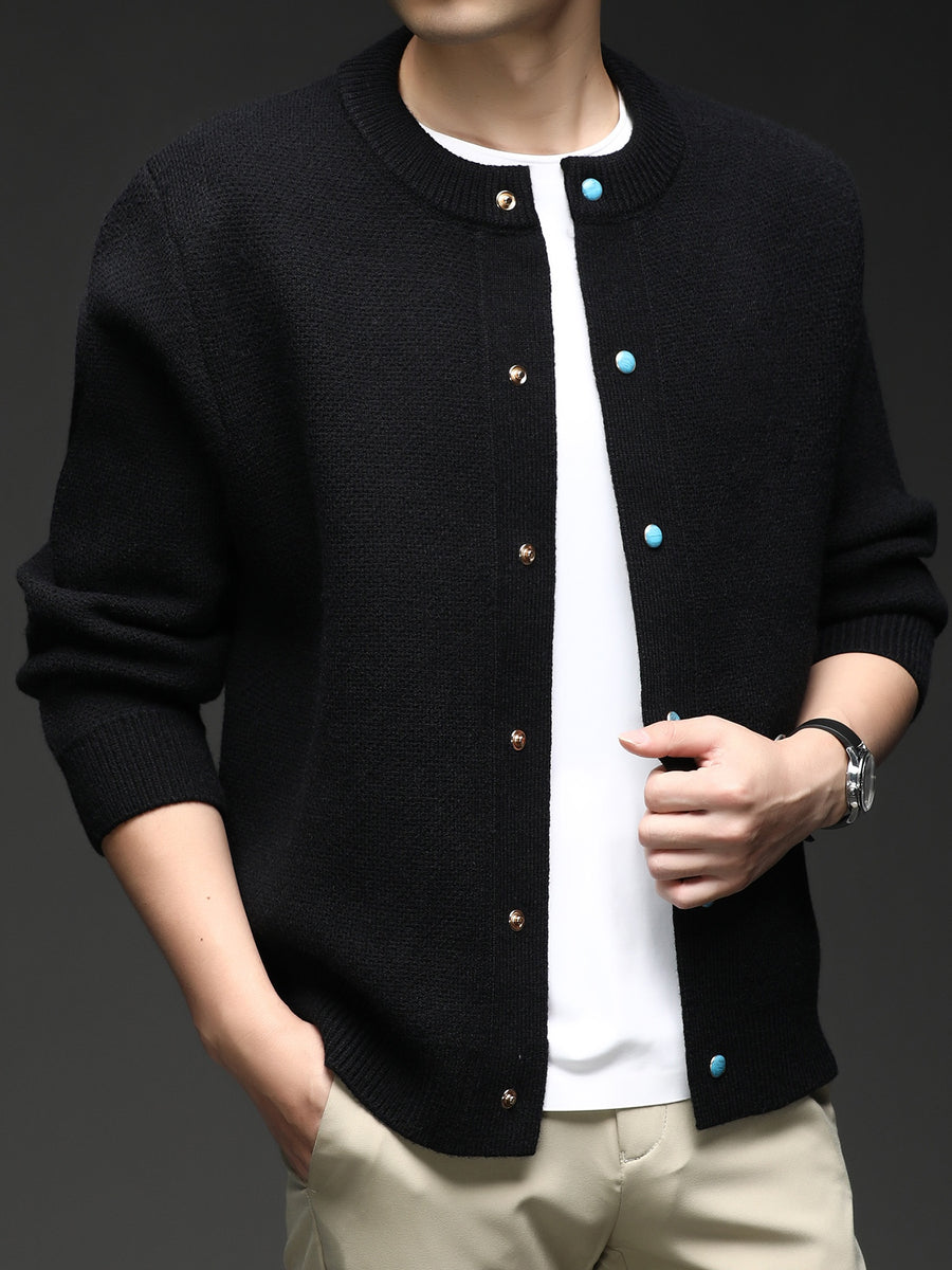 Du Jing Lan OBM Spring/Autumn New Arrival Men's Knitted Cardigan, Thickened Old Money Style Textured Solid Color Crew Neck Long Sleeve Open Front Knit Sweater, Men's Business Casual Fashion Single-Breasted Ribbed Sweater Jacket, Suitable for Layering - Black