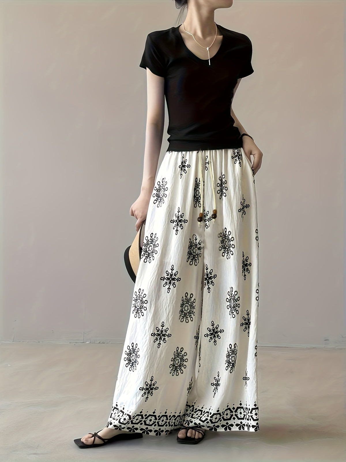 Bohemian Retro Print Drawstring Wide-Leg Pants Women'S Summer Thin Straight Drape Loose Casual Pants Summer Thin Print Casual Pants Women'S 2025 New Loose Lazy Style Breathable Ice Fiber Fabric Pants - Beige