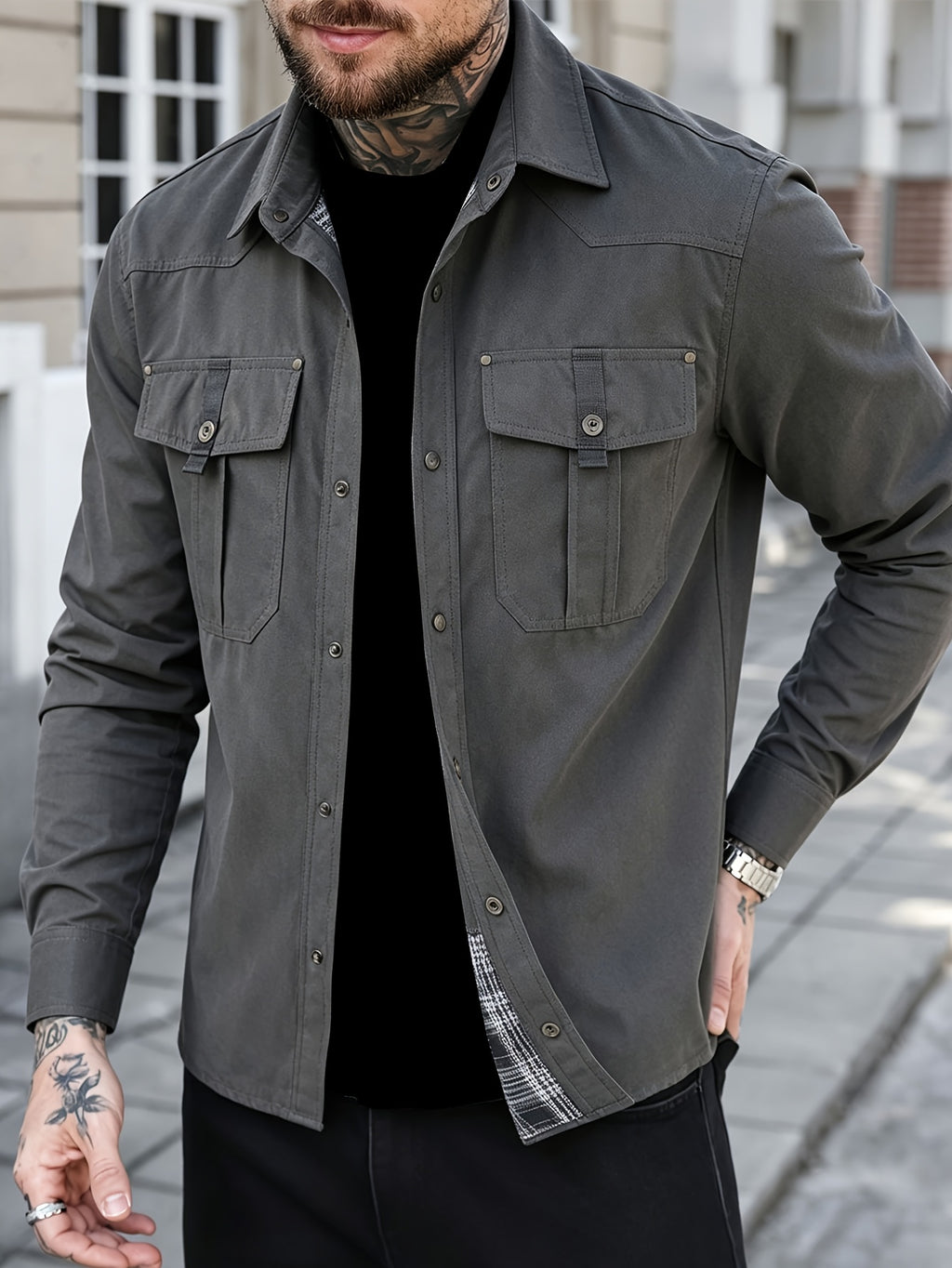 Men's Spring-autumn Casual Jacket Shirt with Checked Lining. Multi-pocket Design. A Simple and Versatile Plain-colored Coat That Is Suitable for Daily Outings, Sports, Outdoor Activities, Vacation Trips or Traveling. - Grey