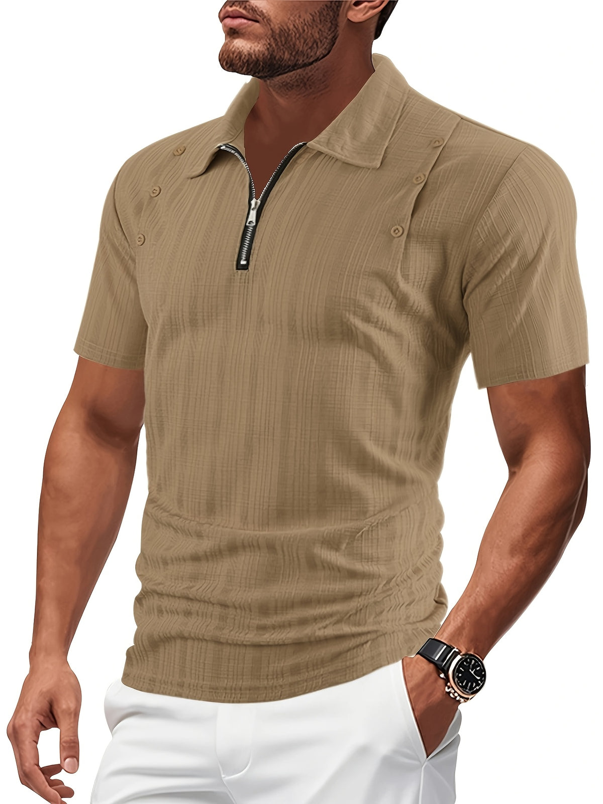 Josh Mei'S Selected Products: Men'S Texture Pattern Half-Zip Polo Shirt, Summer Short-Sleeve Polo Shirt with Half-Zip Button Decoration Men'S Casual Top - Khaki