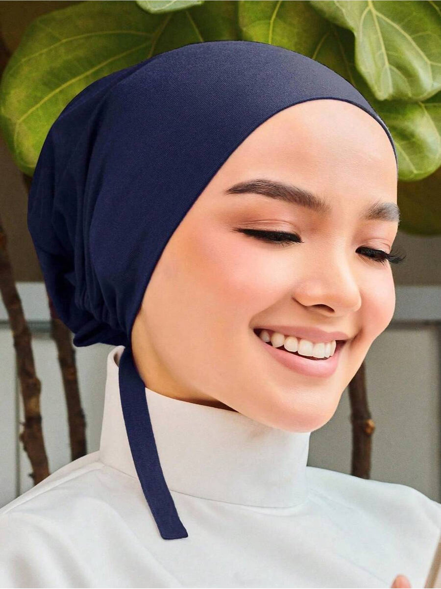 1pc Women Abaya Accessories Fashion Solid Color Elastic Band Headscarf, Suitable for Daily Wear Headband Soft Under Cap Women Veil - Navy Color
