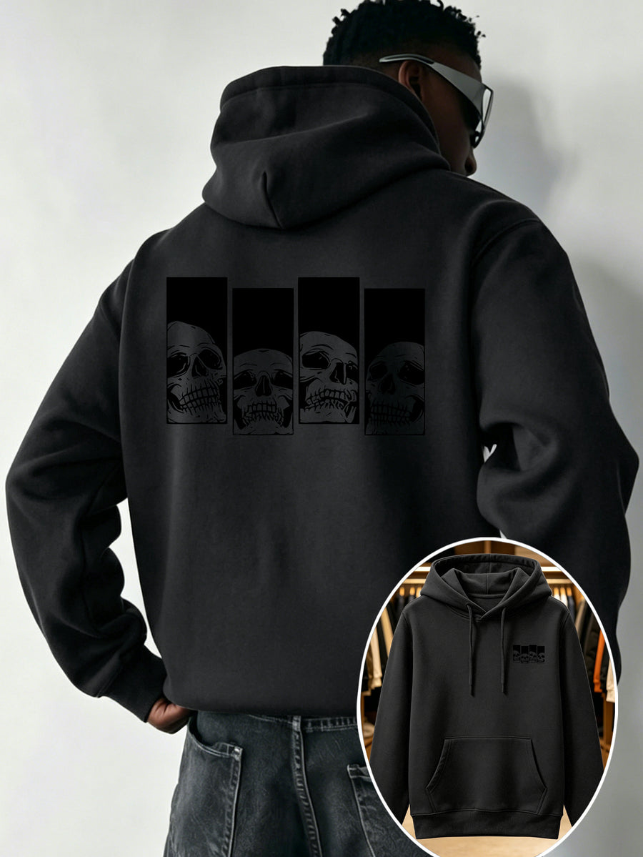 Modern Design Versatile and Stylish Men's Sports Hooded Sweatshirt - Daily Comfort - Casual Long-Sleeve Hoodie, Skull Vintage Arrangement Print, Men's Summer Essential, Comfortable Pattern Print Style, Multi-Scene Wear, First Choice for Fitness - Black