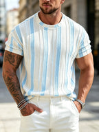 Men's Vintage Striped T-Shirt Suitable for Summer - Breathable Loose Fit Crew Neck Short Sleeve with Contrast Color & Drop Shoulder Design, Textured Casual Top for Daily Wear, Commuting, Gifts for Boyfriend/Husband (Machine Washable) - Blue