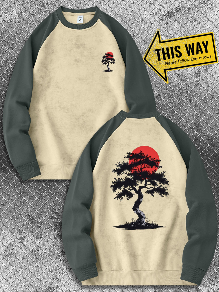 Men'S New Trendy Autumn And Winter Color-Blocked Round-Neck Sweatshirt, Casual And Comfortable with a Bit of Stretch, Featuring a Bonsai Tree Print, Perfect As a Gift for Men - Dark Gray