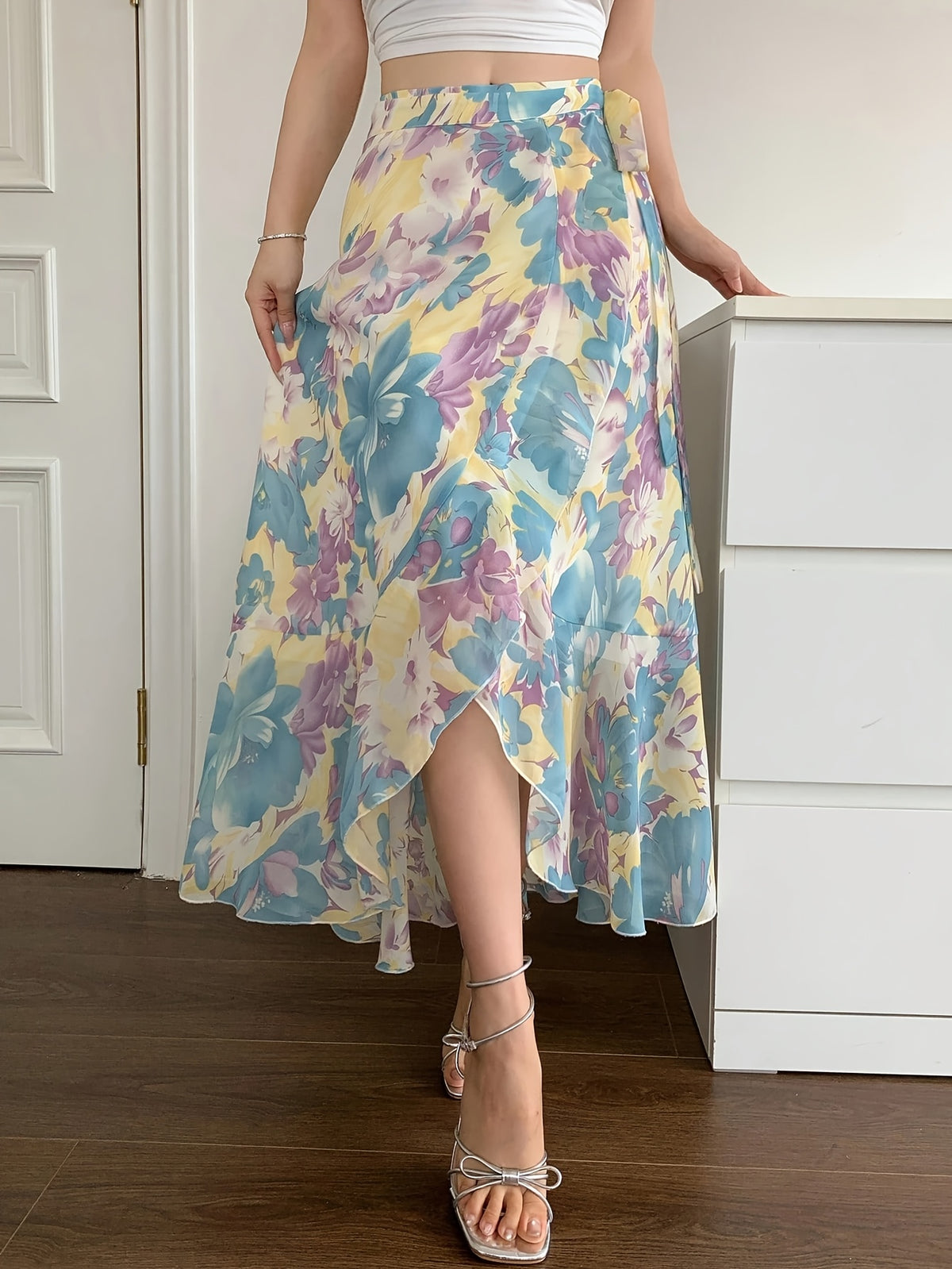 Women'S Elegant Snowflake Print Chiffon Ruffle Hem A-Line Dress, Summer, Back to Season Outfit - Lake Blue
