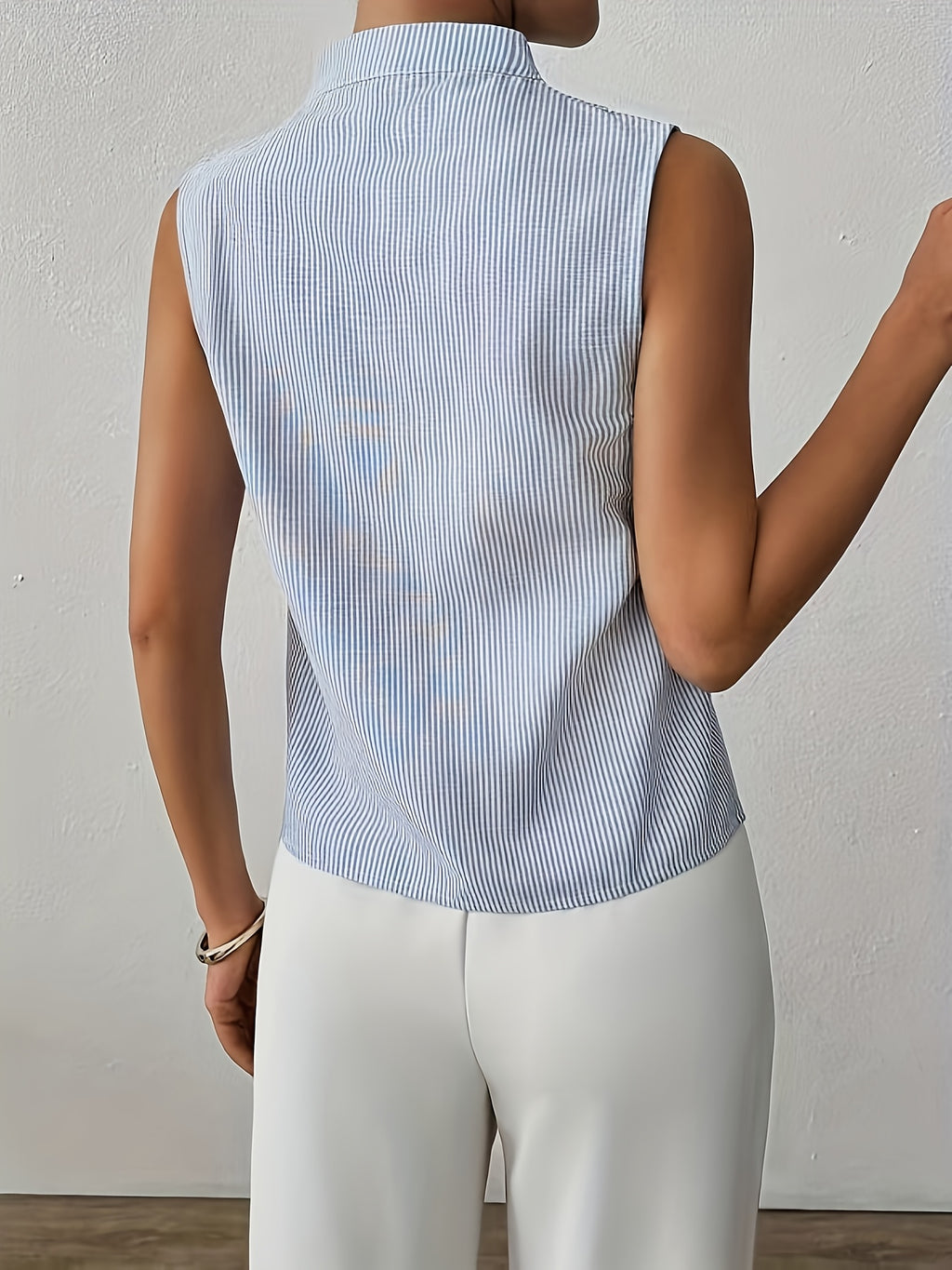 Women's Striped V-Neck Sleeveless Pullover Fashion Vest Blue Shirt for Summer - Sky Blue