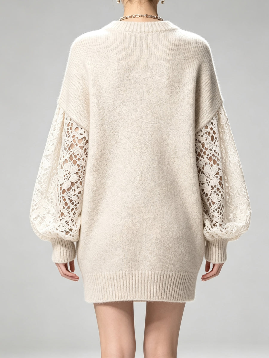 Women' Lace Patchwork Sweater Dress - Soft Hollow-Out Midi Dress with Round Neck & Lantern Sleeves, Bodycon Suitable for Fall/Winter Dates, -Compatible for Body Types (No Chest Padding, Beltless) - Off-white