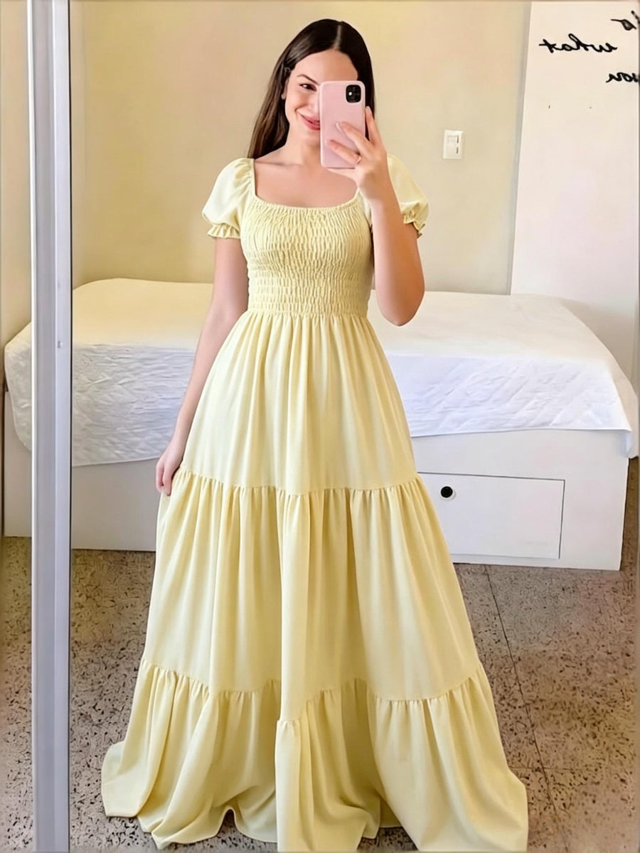 Four-Season Suitable Dress, Y2K Women's New Solid Color Square Neck Tie-Back Long Dress, Suitable for Streetwear, Commuting, Parties, Social Events, Vacations, Christmas, New Year, Valentine's Day, Women's New Clothing M186 - Yellow