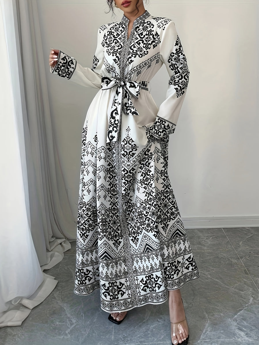 Retro Ethnic Style Long-Sleeve Printed Dress with Ties, Featuring an Elegant Long Design - Black