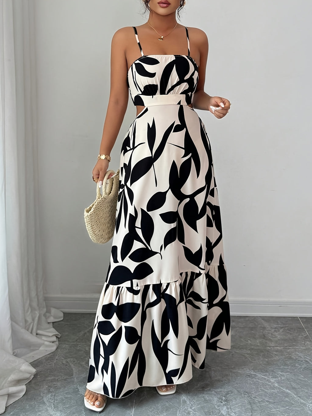 Elegant Women's Printed Cinched Waist Maxi Dress, Summer Long Backless Dress with Bow Tie Straps, for Vacation, Daily Wear, Parties, Flowy Dress - Mixed colors