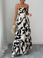 Elegant Women's Printed Cinched Waist Maxi Dress, Summer Long Backless Dress with Bow Tie Straps, for Vacation, Daily Wear, Parties, Flowy Dress - Mixed colors