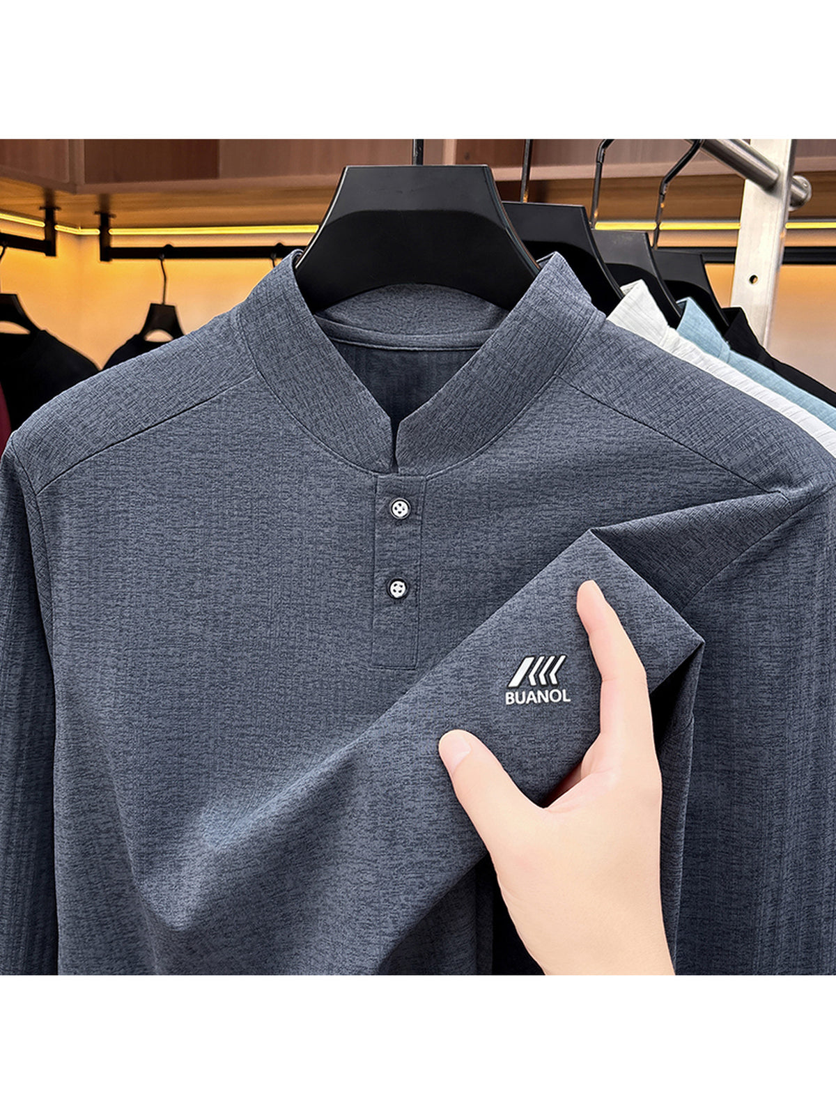 Men'S Henley Collar Vertical Stripe Stretch Long Sleeve T-Shirt - Dark Gray